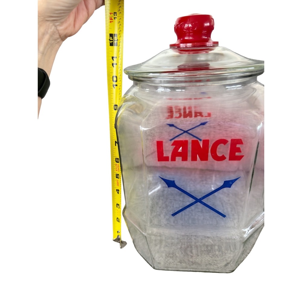 Vintage Lance Glass Cracker Cookie Jar Hexagonal Red Logo Blue Arrows Lid 12.5in - Picture 5 of 8
